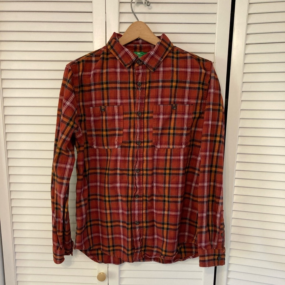 dip Men's Casual Red and Fall Tones Plaid Organic Cotton Twill Shirt Medium